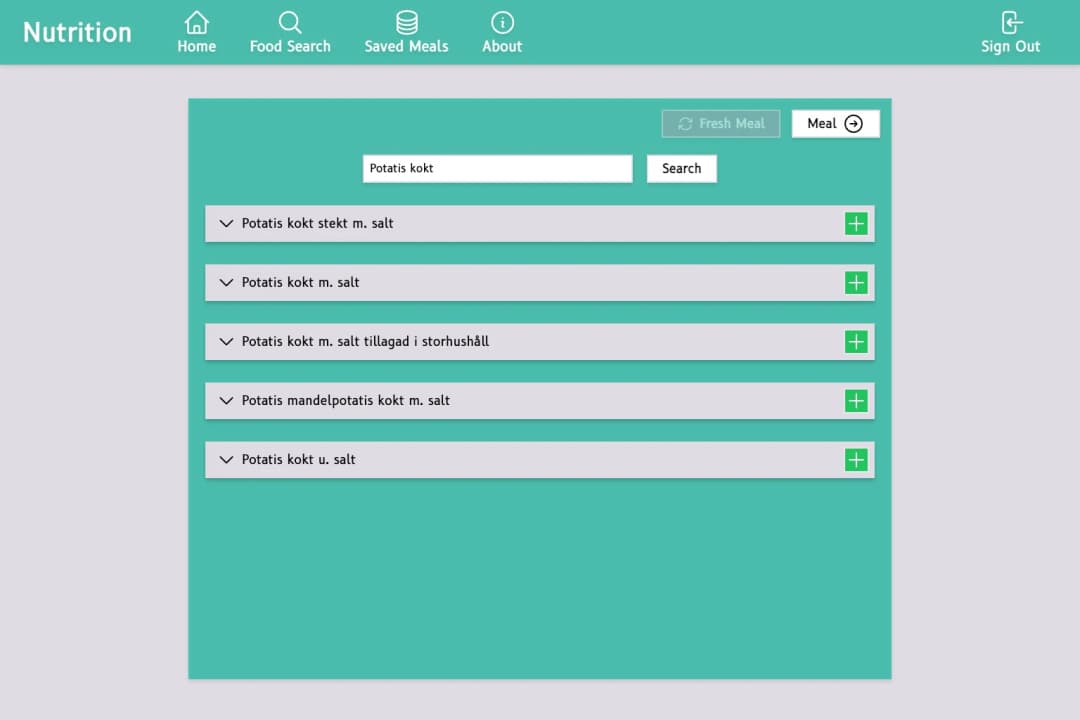 Screenshot of the Nutrition website